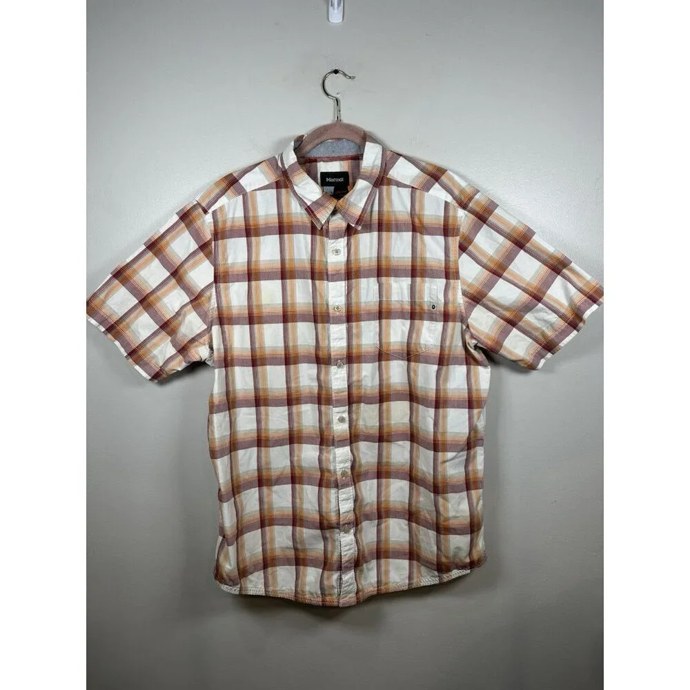 Marmot Short Sleeve Button up Shirt Size XL Plaid Orange Red